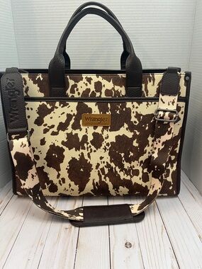 Wrangler Cowhide-Print Tote. Laptop compartment. Adjustable strap,zip top. EUC